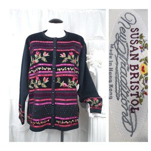 Vintage 90s Susan Bristol Black Cardigan Sweater Wool Blend Hand Embroidered 1W